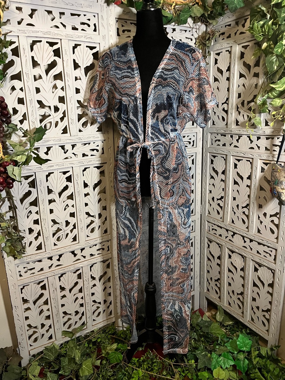 CACIA SHEER MESH MULTICOLOR LONG OPEN FRONT SHORT SLEEVE MAXI KIMONO COVER-UP